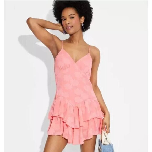 Wild Fable Tiered Floral Mini Dress Size Small Fairycore Skater Short Coral Pink - Picture 1 of 14